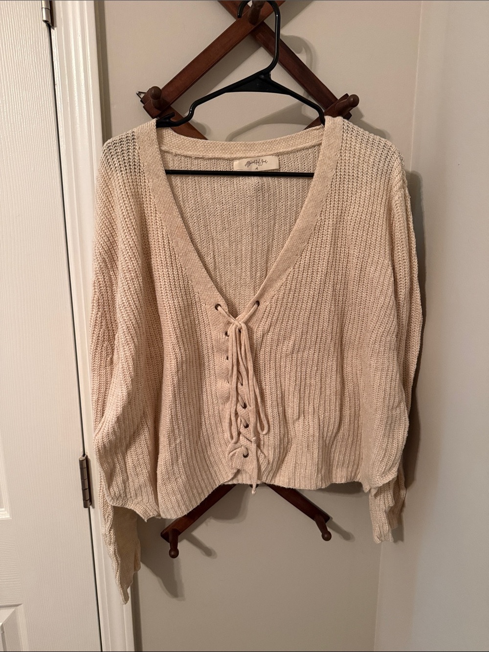 Neutral Lace-Up V-Neck Knit Sweater